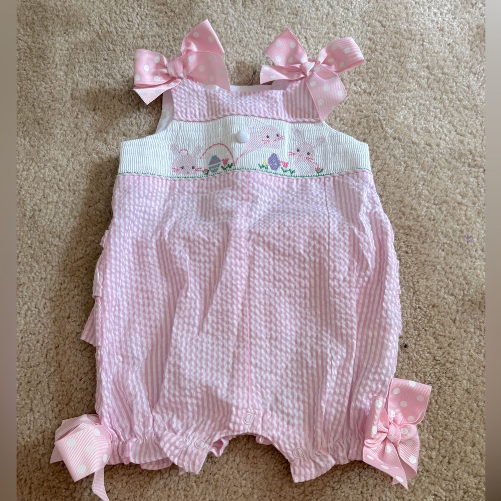 Mudpie smocked seersucker one piece Easter bloomers size 0-6 months.Pink& white